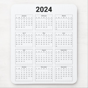 Tapis De Souris Simple Noir & Blanc US 2024 Calendrier annuel