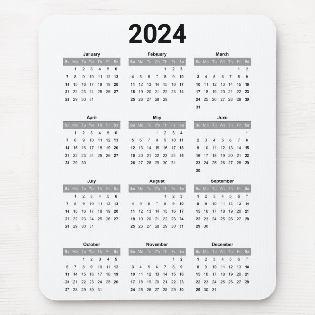 Tapis De Souris Simple US Black & White 2024 Calendrier annuel (Devant)