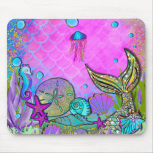 Tapis De Souris Sirènes et Coquillages Sous l'Eau Étincelle Rose