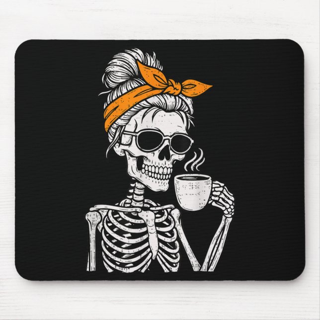 Tapis De Souris Skeleton Messy Bun Drinking Coffee Halloween Costu (Devant)