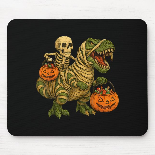Tapis De Souris Skeleton Riding Mummy Dinosaur T Rex Halloween Fun (Devant)