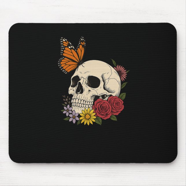 Tapis De Souris Skulls Monarch Butterfly Flowers Halloween Men Wom (Devant)