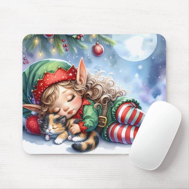 Tapis De Souris Sleeping Christmas Elf with Calico Kitten (Avec souris)