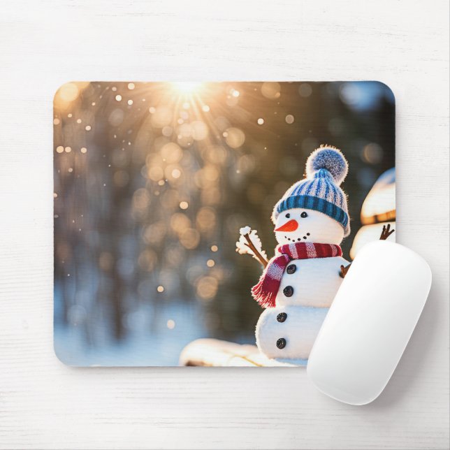 Tapis De Souris Snowman d'hiver sur un banc de parc (Avec souris)
