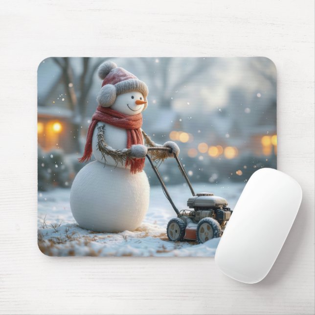 Tapis De Souris Snowman pousse une tondeuse rétro sur de l'herbe n (Avec souris)