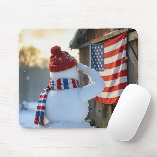Tapis De Souris Snowman Saluting an American Flag (Avec souris)
