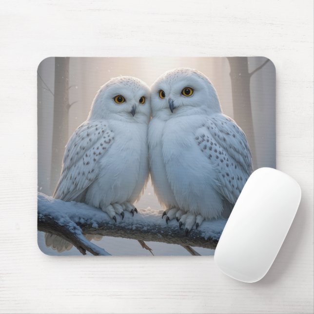 Tapis De Souris Snowy Owls On a Winter Branch (Avec souris)