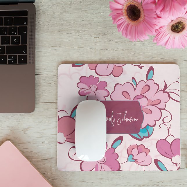 Tapis De Souris Soft Pink Teal Floral Monogram Design Custom Name (Soft Pink Teal Floral Monogram Design Custom Name Mouse Pad)