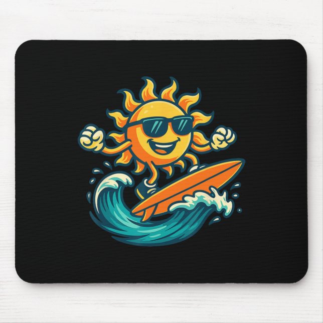 Tapis De Souris Soleil de dessin animé surfant sur la vague de pla (Devant)