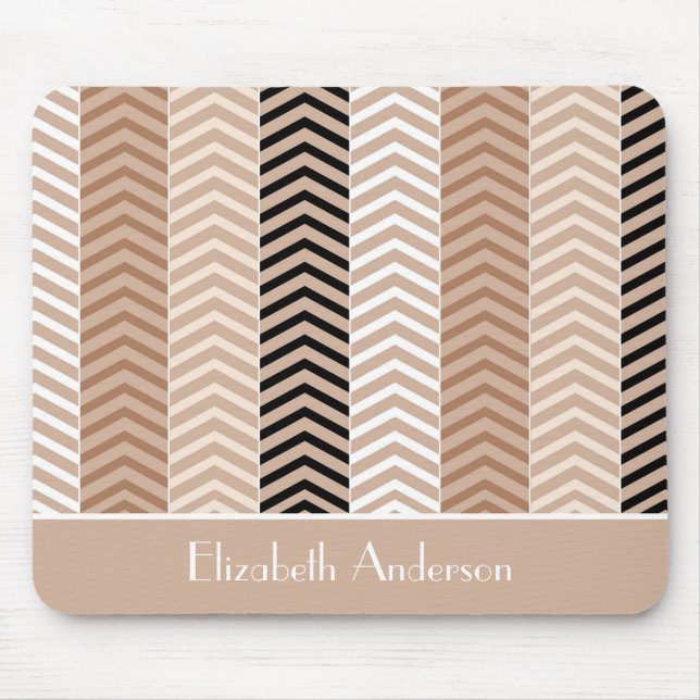 Tapis De Souris Sophistiqué Brown Chevron Stripes Avec Nom (Devant)