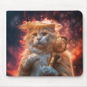 Tapis De Souris Sorcier Chat Avec Bâton Magique Parmi Les Flammes