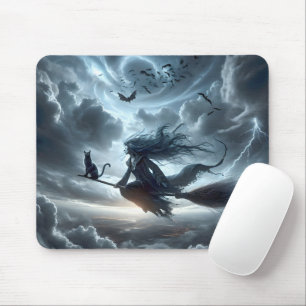 Tapis De Souris Sorcière d'Halloween et chat sur un balai