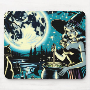Tapis De Souris Sorcière d'Halloween vintage remuant un chaudron