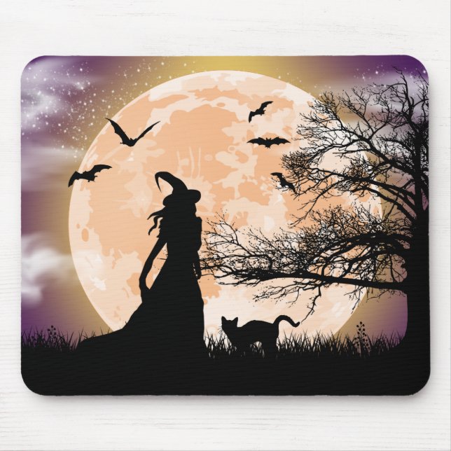 Tapis De Souris Sorcière mystique, Chat noir, Pleine lune (Devant)