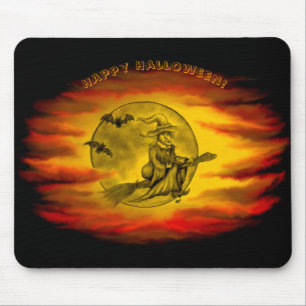 Tapis De Souris Sorcière volante avec chat noir, nuit halloween
