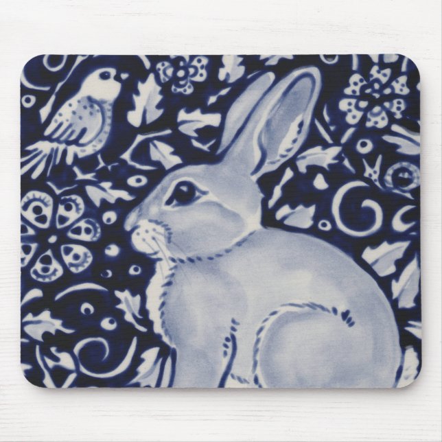 Tapis De Souris Souris design en carreaux bleu et blanc avec lapin (Devant)