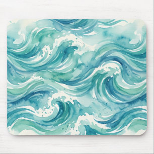 Tapis De Souris Souris Vagues Océan Aquarelle Sarcelle