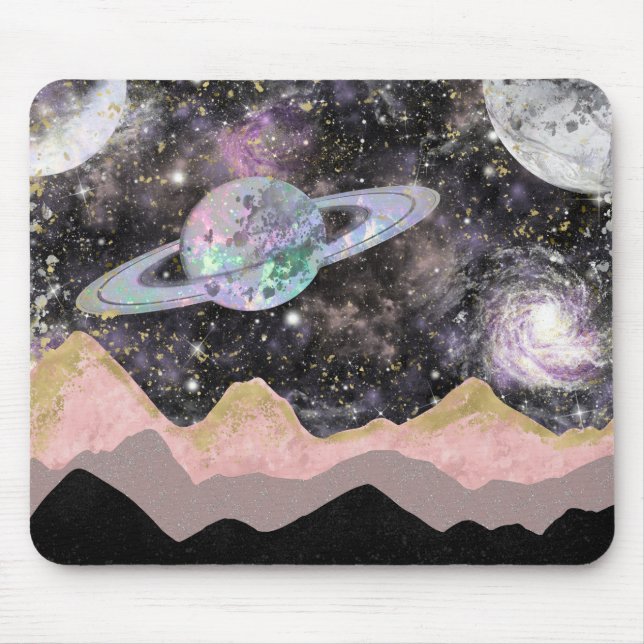 Tapis De Souris Space Mountains Gold Starry Sky Galaxy Planètes (Devant)