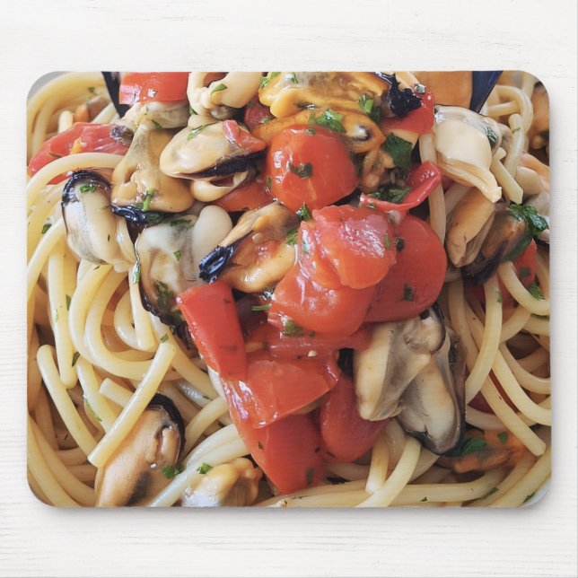 Tapis De Souris Spaghetti avec moules Tomates Alimentation Souris (Devant)