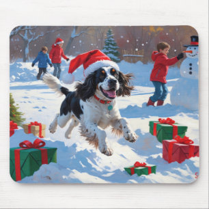Tapis De Souris Springer Spaniel courant dans la neige avec un cha