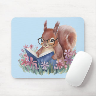 Tapis De Souris Squirrel Reading A Book, Nestled In Flowers Mouse