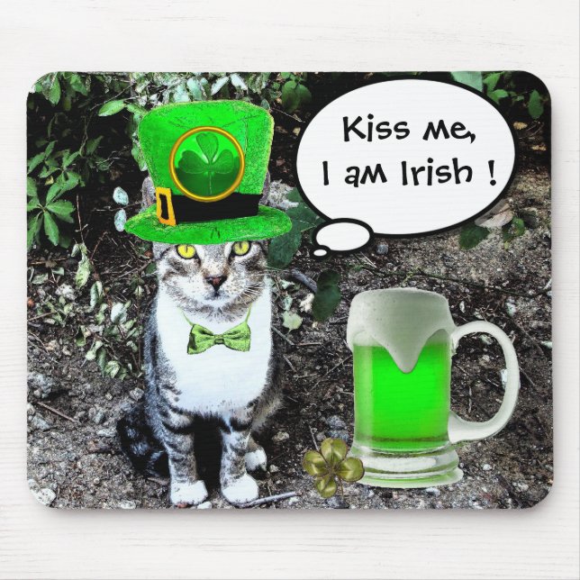 TAPIS DE SOURIS ST PATRICK'S DAY CHAT AVEC BIÈRE IRLANDAISE VERTE (Devant)