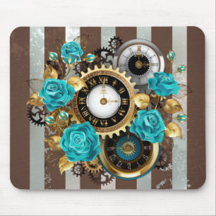 Tapis De Souris Steampunk Clock and Turquoise Roses on Striped