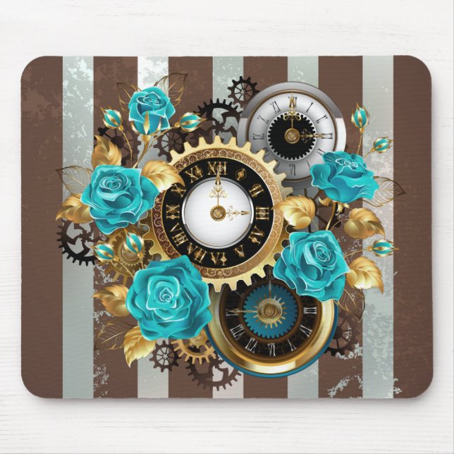 Tapis De Souris Steampunk Clock and Turquoise Roses on Striped (Devant)