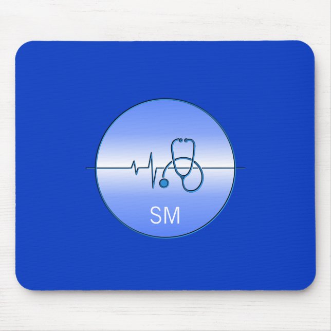 Tapis De Souris Stéthoscope Médical Bleu Monogrammé Battement de C (Devant)