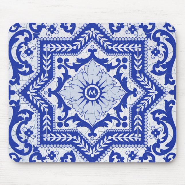 Tapis De Souris Style azulejo en céramique craquée bleue Azulejo V (Devant)