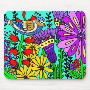 Tapis De Souris Style d'art populaire coloré oiseau et fleurs