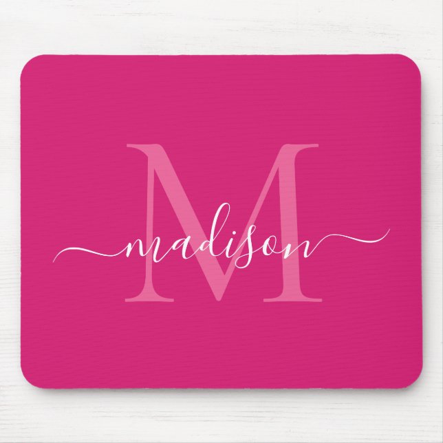 Tapis De Souris Style rose Magenta blanc Monogramme Script moderne (Devant)
