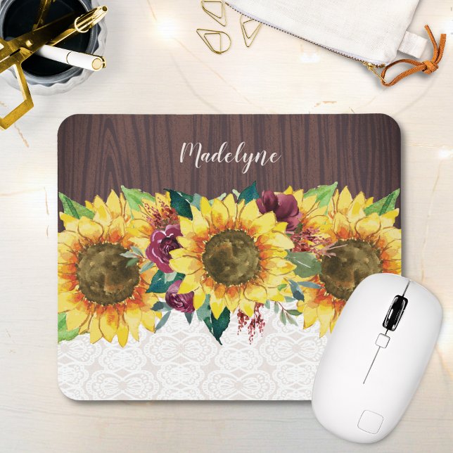 Tapis De Souris Sunflower Floral Rustic Nom personnalisé (Créateur téléchargé)