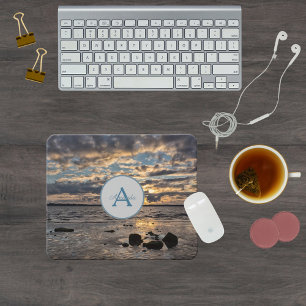 Tapis De Souris Sunset at the sea photo with monogram and name