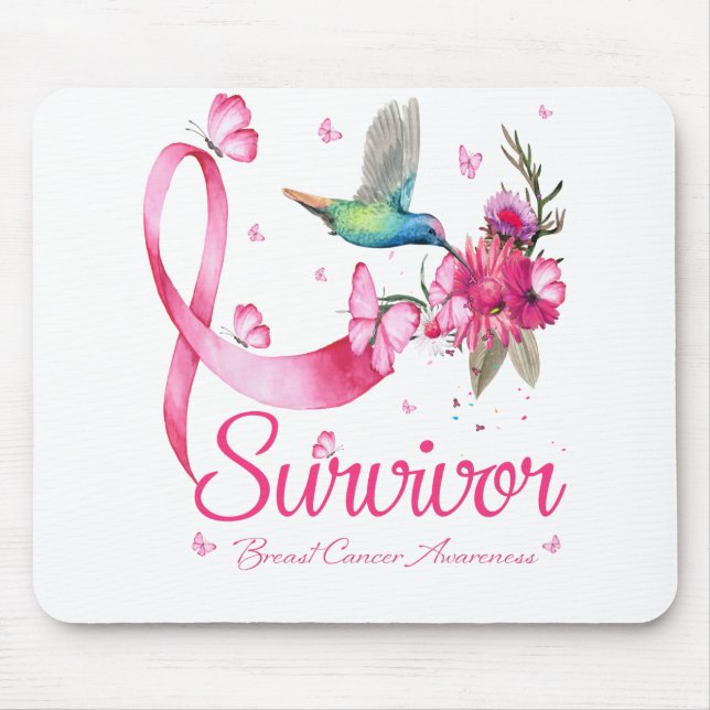 Tapis De Souris Survivant Hummingbird Ribbon Cancer du sein (Devant)