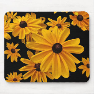 Tapis De Souris Susan observée par noir floral jaune fleurit