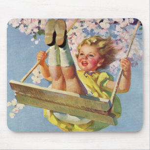 Tapis De Souris Swing vintage, Fille qui se balancent dans un arbr