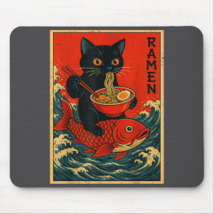 Tapis De Souris T-shirts graphiques japonais Ramen Chat Noir pour
