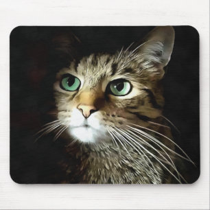 Tapis De Souris Tabby Chat Aux Yeux Verts Isolé Sur Noir