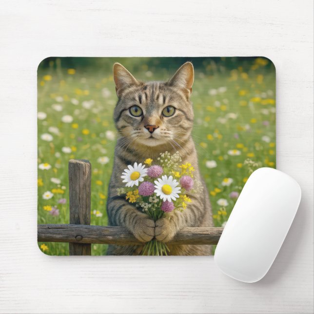 Tapis De Souris Tabby Chat Avec Bouquet Fleur sauvage (Avec souris)