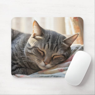 Tapis De Souris Tabby Chat Dormir Sur Une Ancienne Couette