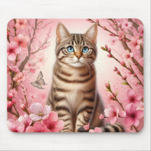 Tapis De Souris Tabby Chat Japonais Cerisier Fleur Kitten
