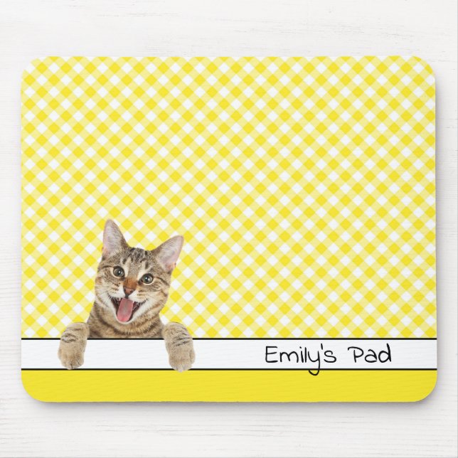 Tapis De Souris Tabby Chat sur En vichy jaune  (Devant)