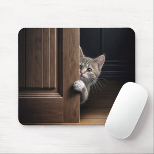 Tapis De Souris Tabby Kitten Jeter un oeil autour d'une porte en b