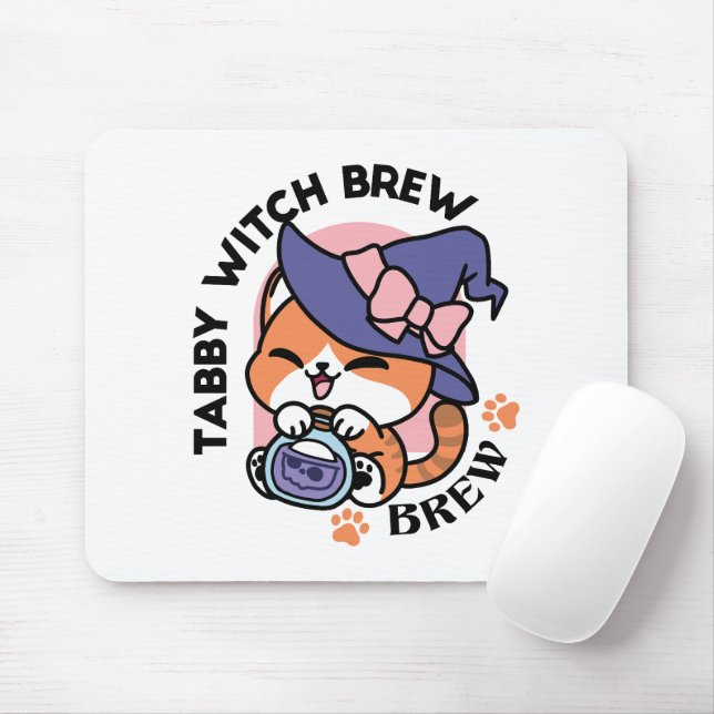 Tapis De Souris Tabby Witch Brew – Joli Design de Chat d'Halloween (Avec souris)