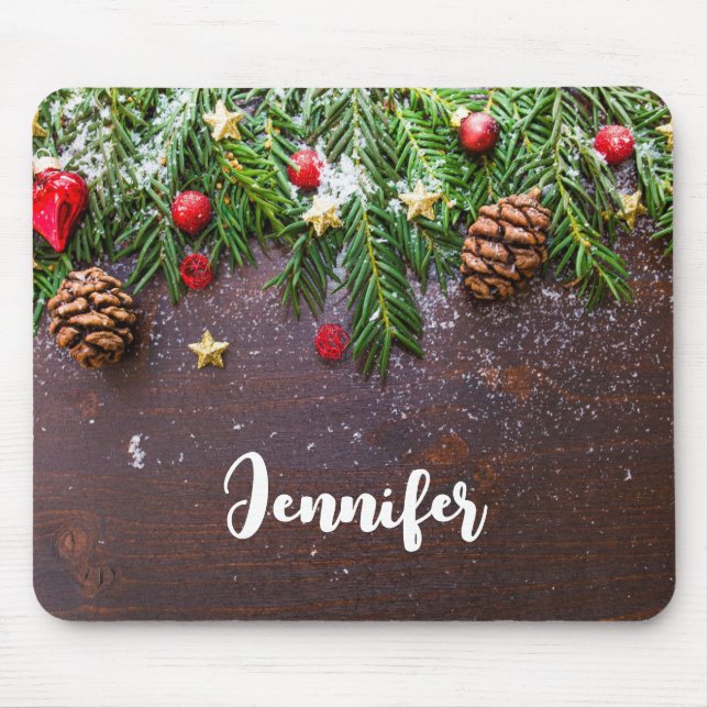 Tapis De Souris Table de Noël rustique avec pin et neige (Devant)