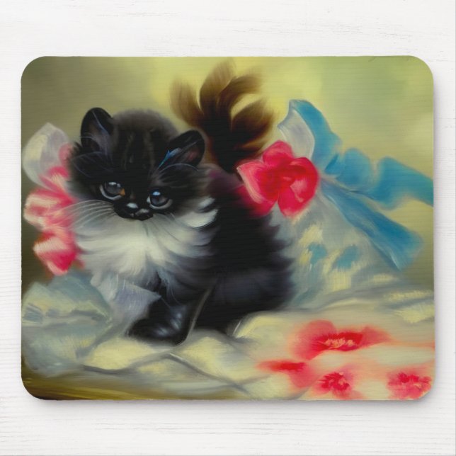 Tapis De Souris Tableau vintage de chaton noir et blanc (Devant)