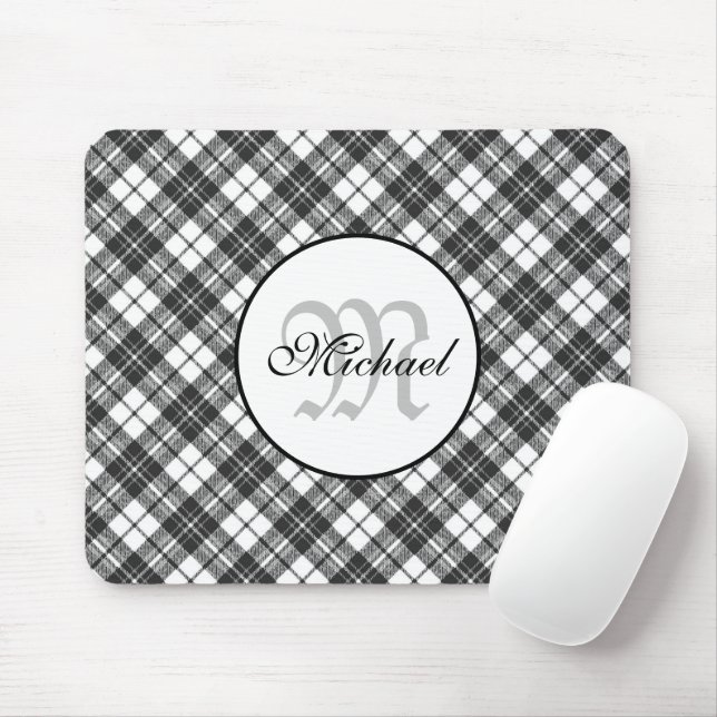Tapis De Souris Tartan motif Noël noir blanc Monogramme (Avec souris)