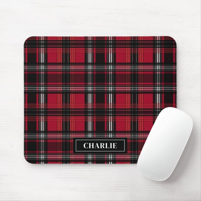 Tapis De Souris Tartan Rouge Et Noir Plaid Motif Et Nom Personnali (Avec souris)