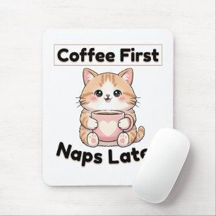 Tapis De Souris Tasse de café d'abord, sieste plus tard, chat mign
